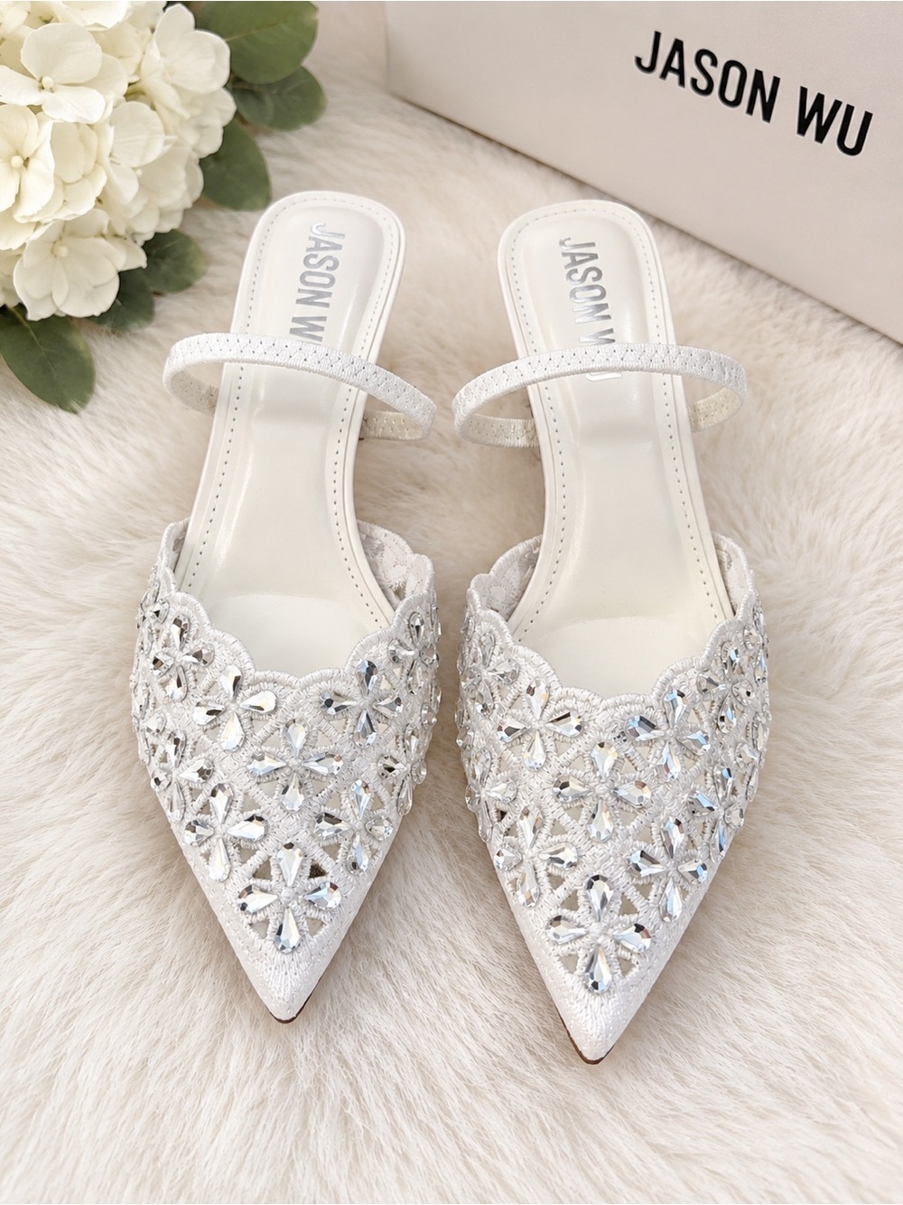 Jason Wu White Embellished Pointed-Toe Mules